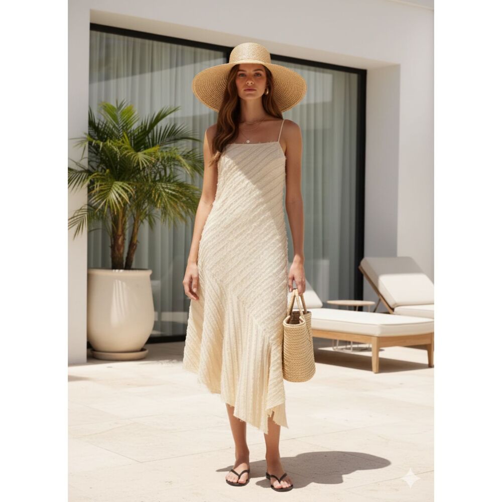 & Other Stories Silk Blend Fringe Asymmetrical Midi Dress Boho Minimalist Sz 6